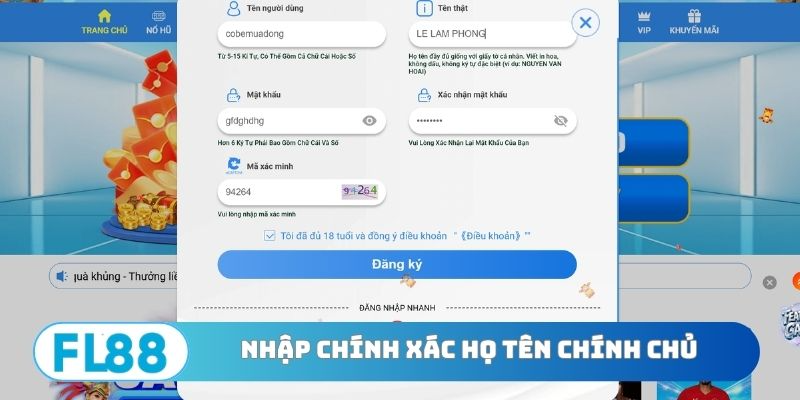 Nhập chính xác họ tên chính chủ